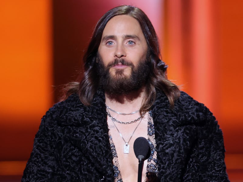 LAS VEGAS, NEVADA - APRIL 03: Jared Leto speaks onstage during the 64th Annual GRAMMY Awards at MGM ...